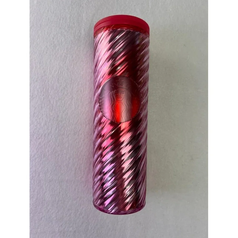 Starbucks Tumbler‎ 16oz Pink Red 2022 Holiday Metallic Spiral Travel Mug